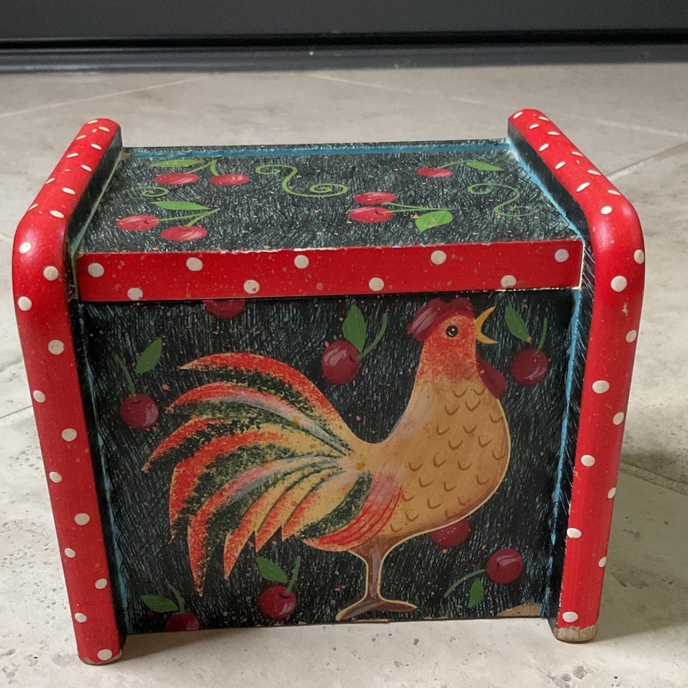 Vintage Hand Painted Wooden Recipe Box Rooster Cherry Farmhouse Kitchen Decor